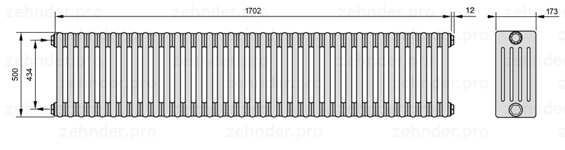 Схема (чертеж) Радиатор Zehnder Charleston 5050/37 №1270 Белый глянцевый RAL 9016